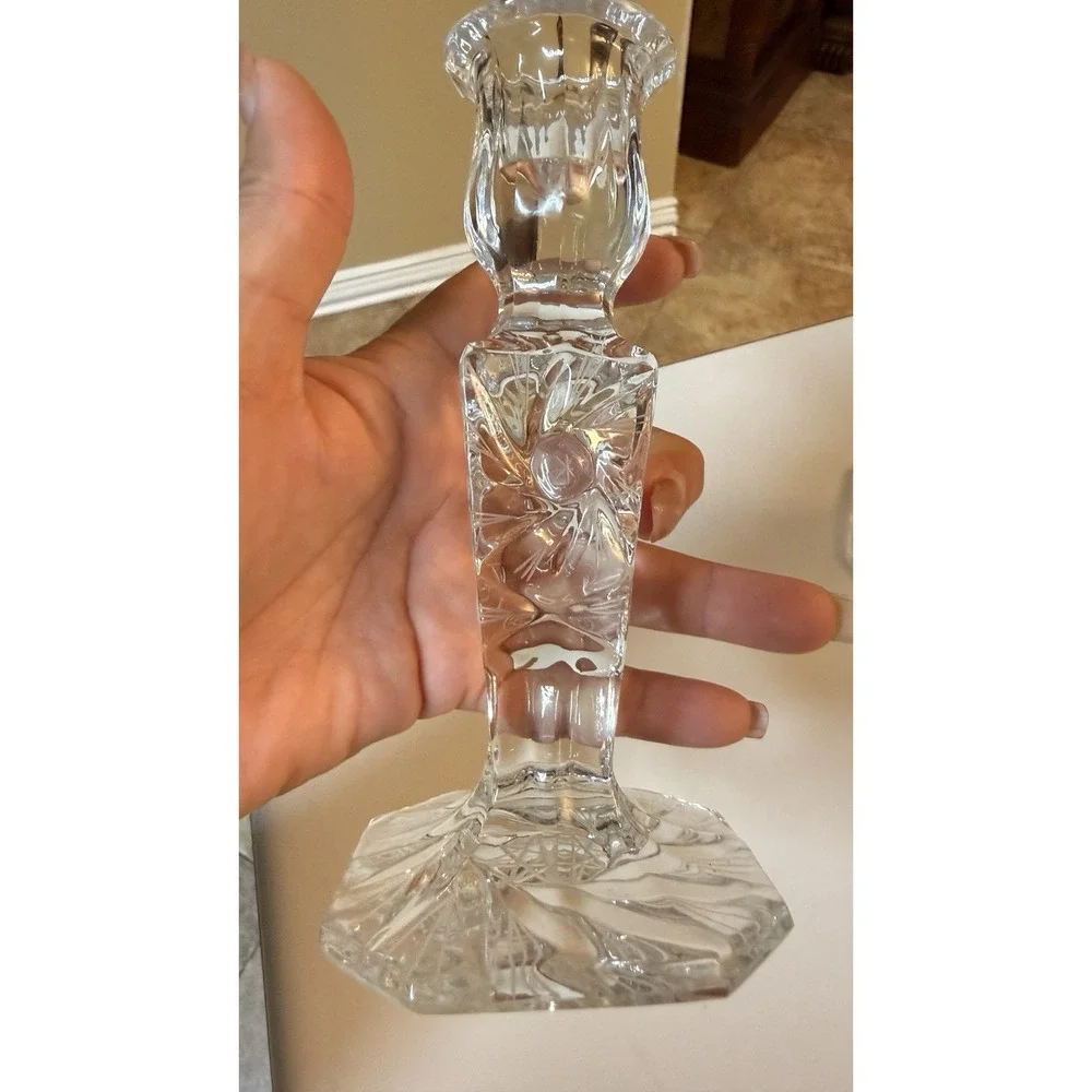 Vintage Cut Crystal Glass Candlestick Holders Set of 2 Starburst‎ Octagon